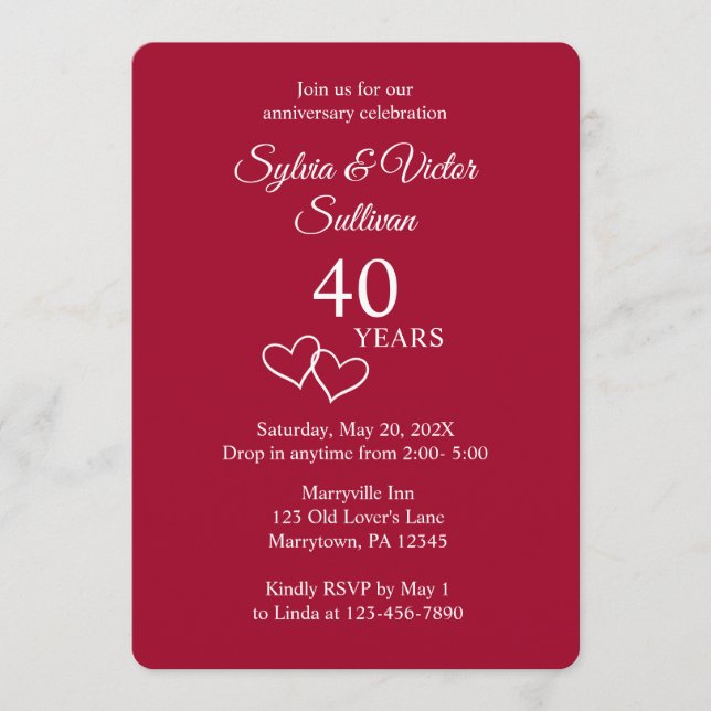 Invitation Célébration personnalisée élégante rouge rubis 40e (Devant)