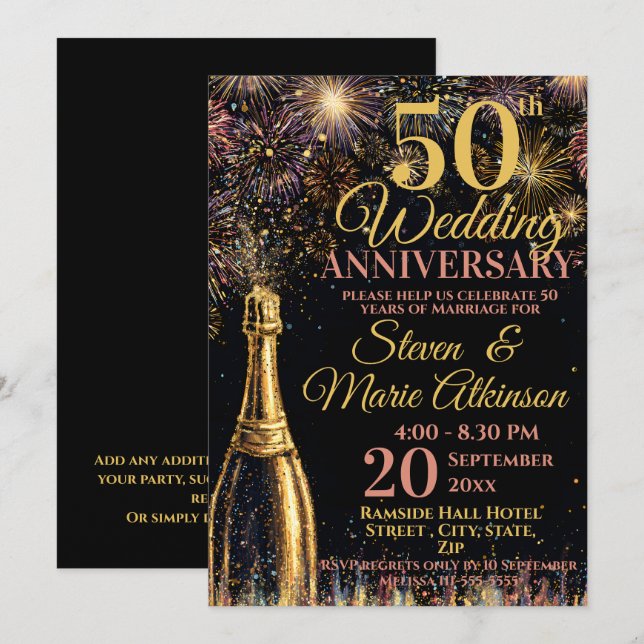 Invitation Célébration pétillante de 50 ans de mariage (Devant / Derrière)