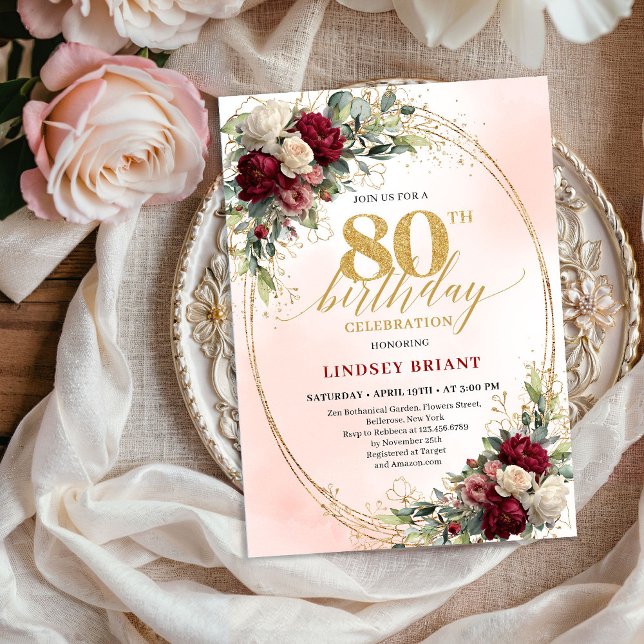 Invitation Célébration romantique boho florale du 80e anniver (Romantic Boho Floral 80th Birthday Celebration Invite)