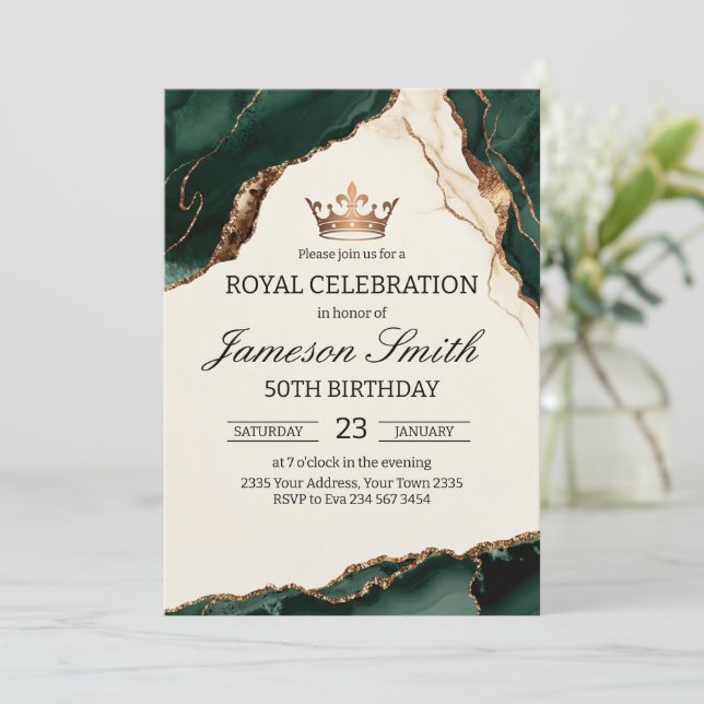 Invitation Célébration Royale Élégante Anniversaire Vert Et O (Debout devant)