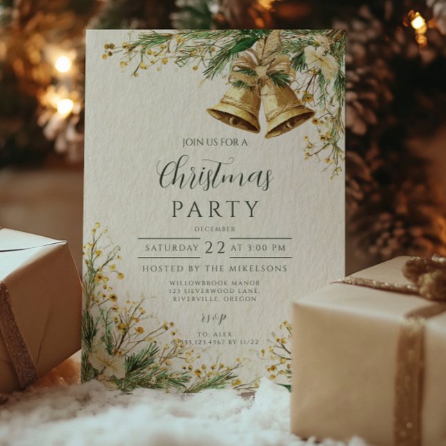 Invitation Célébration rustique de Noël aux cloches dorées (Créateur téléchargé)