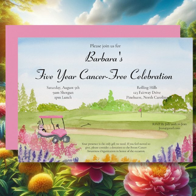 Invitation Célébration sans cancer Panier de golf rose Golf T (Créateur téléchargé)