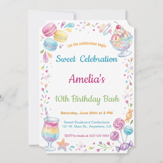 Invitation Célébration sucrée de bonbons à l'aquarelle Enfant (Devant)