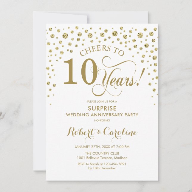 Invitation Célébration surprise du 10e anniversaire - Or Blan (Devant)