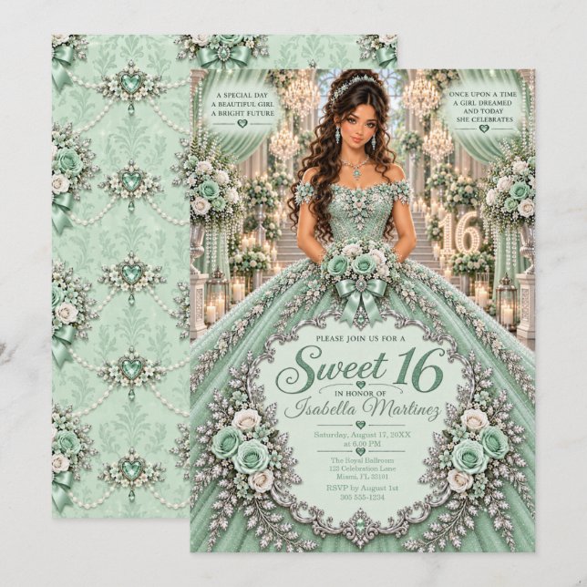 Invitation Célébration Sweet 16 Vert Menthe (Devant / Derrière)