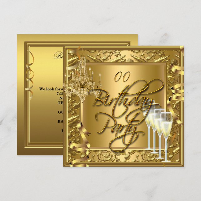 Invitation Célébration tout âge Champagne Or sur Or (Devant / Derrière)