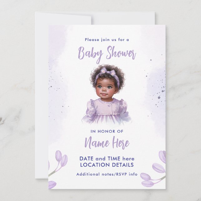 Invitation Célébration violette de bébé fille afro-américaine (Devant)