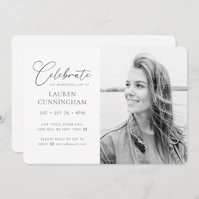 Invitation Célébration virtuelle de la vie Photo simple moder (Devant / Derrière)