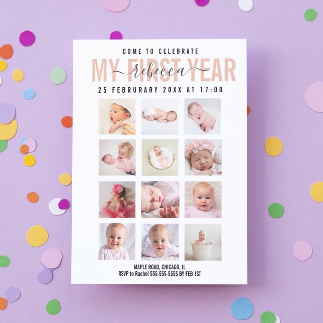 Invitation Célébrer bébé fille première année 12 Photo Collag (Créateur téléchargé)