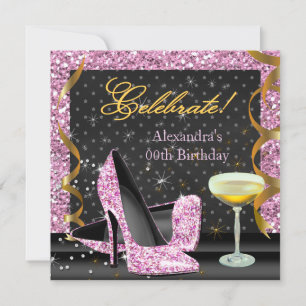Invitation Célébrer Fête d'Anniversaire Rose Or Noir Paillett
