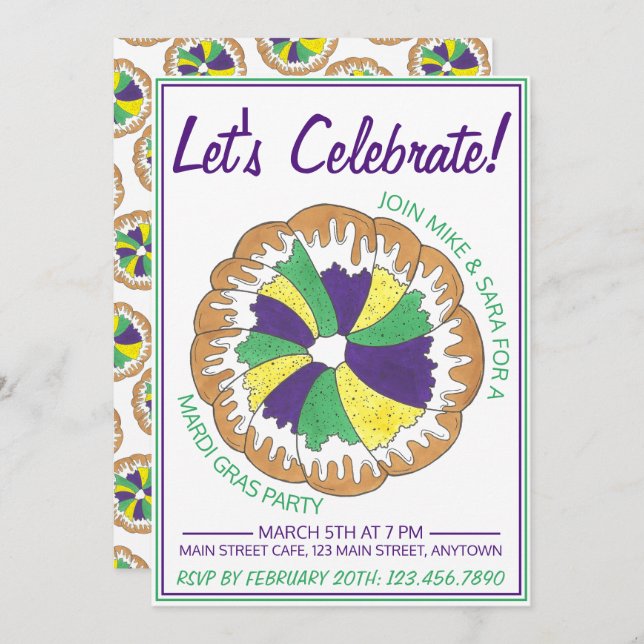 Invitation Célébrer Mardi Gras Carnival Party King Cake (Devant / Derrière)