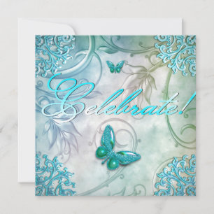 Invitation Célébrer Papillon Bleu Sarcelle Floral Anniversair