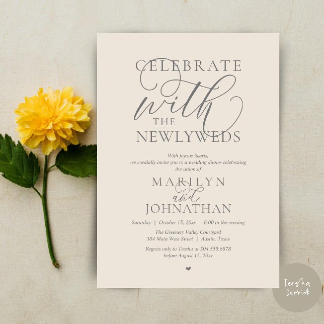 Invitation Célébrez avec les jeunes mariés, Dîner de mariage  (Celebrate with the newlyweds, Best Wedding Elopement Dinner Party Invitation Card in Cream Grey)
