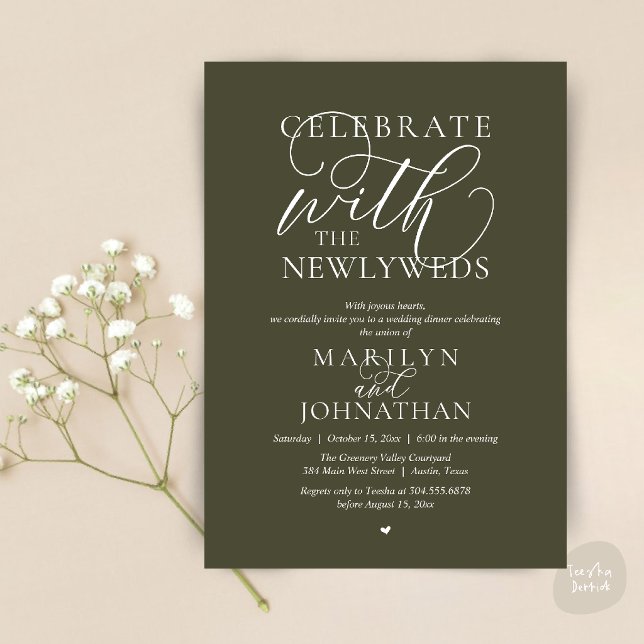 Invitation Célébrez avec les jeunes mariés, Dîner de mariage  (Celebrate with the newlyweds, Best Wedding Elopement Dinner Party Invitation Card in olive green)