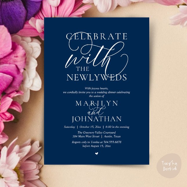 Invitation Célébrez avec les jeunes mariés, Dîner de mariage  (Celebrate with the newlyweds, Best Wedding Elopement Dinner Party Invitation Card in navy blue)