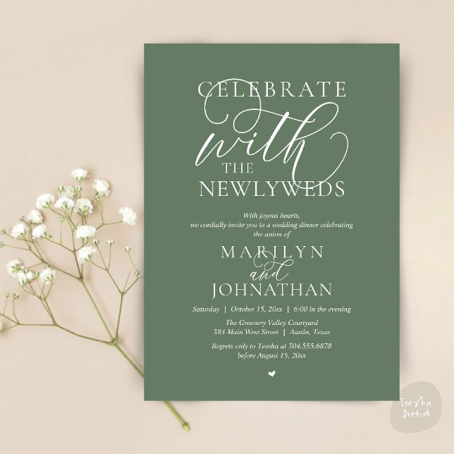 Invitation Célébrez avec les jeunes mariés, Dîner de mariage  (Celebrate with the newlyweds, Best Wedding Elopement Dinner Party Invitation Card in sage green)