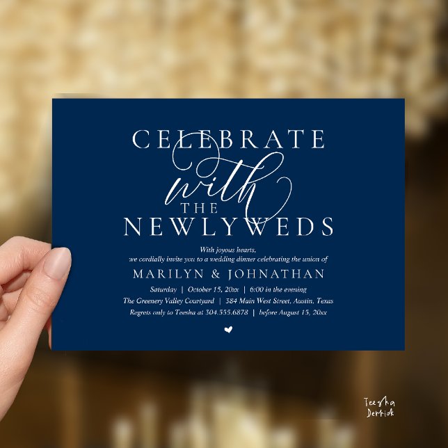 Invitation Célébrez avec les jeunes mariés, Dîner de mariage  (Celebrate with the newlyweds, Best Modern Wedding Dinner Party Invitation Card in Navy Blue)