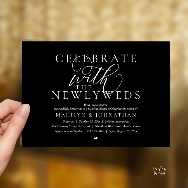 Invitation Célébrez avec les jeunes mariés, Dîner de mariage  (Celebrate with the newlyweds, Best Modern Wedding Dinner Party Invitation Card in Classy Black)