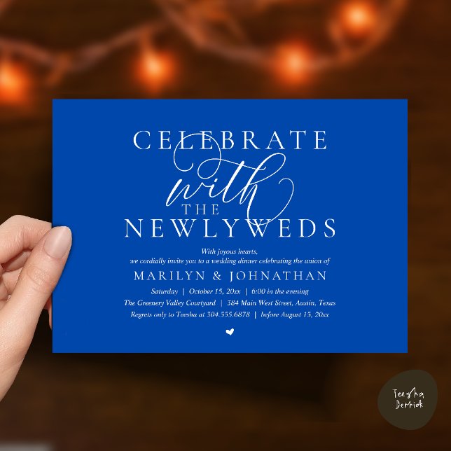Invitation Célébrez avec les jeunes mariés, Dîner de mariage  (Celebrate with the newlyweds, Best Modern Wedding Dinner Party Invitation Card in Cobalt Blue)