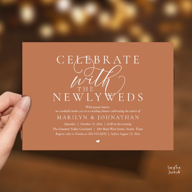 Invitation Célébrez avec les jeunes mariés, Dîner de mariage  (Celebrate with the newlyweds, Best Modern Wedding Dinner Party Invitation Card in Copper Terracotta)