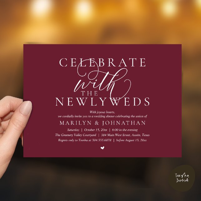 Invitation Célébrez avec les jeunes mariés, Dîner de mariage  (Celebrate with the newlyweds, Best Modern Wedding Dinner Party Invitation Card in Burgundy Red Wine)