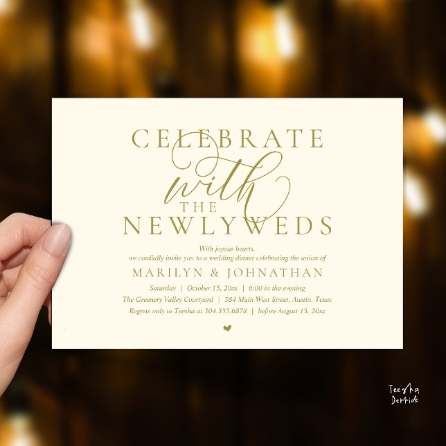 Invitation Célébrez avec les jeunes mariés, Dîner de mariage  (Celebrate with the newlyweds, Best Modern Wedding Dinner Party Invitation Card in Gold Yellow Cream)