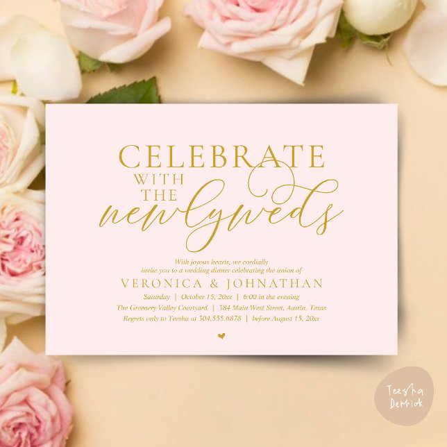 Invitation Célébrez avec les jeunes mariés, Dîner de mariage  (Celebrate with the newlyweds, Romantic Classy Wedding Dinner Invitation Card in Blush Gold)
