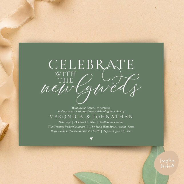 Invitation Célébrez avec les jeunes mariés, Dîner de mariage  (Celebrate with the newlyweds, Romantic Classy Wedding Dinner Invitation Card in Sage Green)