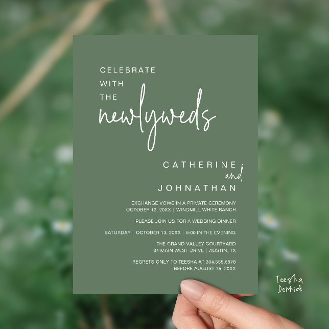 Invitation Célébrez avec les jeunes mariés Dîner de mariage m (Celebrate With The Newlyweds Modern Wedding Minimalist Dinner Invitation Card in Sage Green)