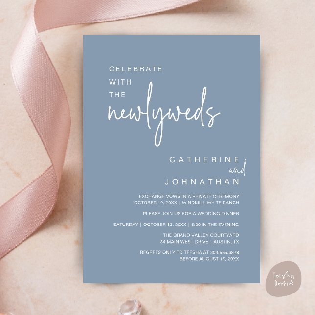Invitation Célébrez avec les jeunes mariés Dîner de mariage m (Celebrate With The Newlyweds Modern Wedding Minimalist Dinner Invitation Card in Dusty Blue)