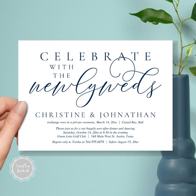 Invitation Célébrez avec les jeunes mariés, dîner Mariage (Celebrate with the newlyweds, Wedding Dinner Invitation Card, PDF, Modern Romantic in Navy Blue)