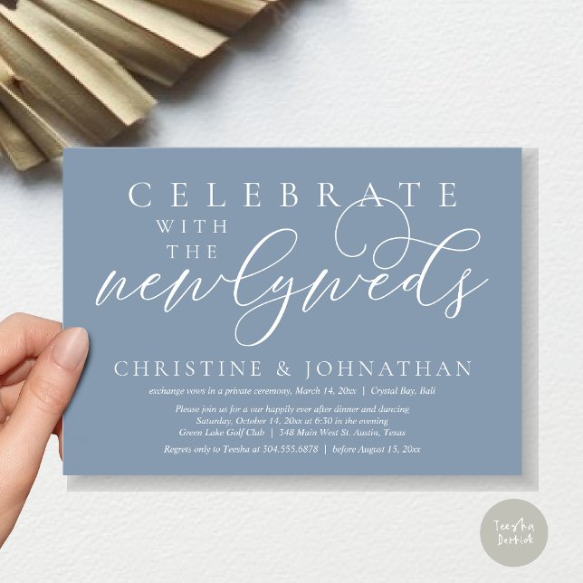 Invitation Célébrez avec les jeunes mariés, dîner Mariage (Celebrate with the newlyweds, Wedding Dinner Invitation Card, PDF, Modern Romantic in Dusty Blue)