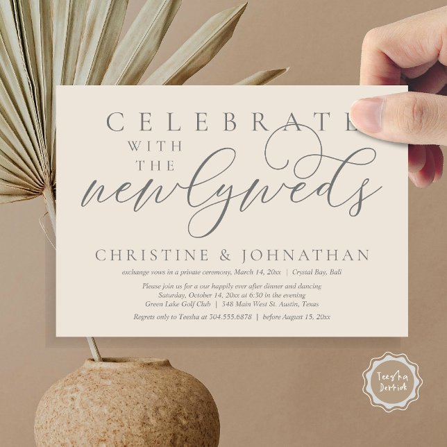 Invitation Célébrez avec les jeunes mariés, dîner Mariage (Celebrate with the newlyweds, Wedding Dinner Invitation Card, PDF, Modern Romantic in Cream Grey)