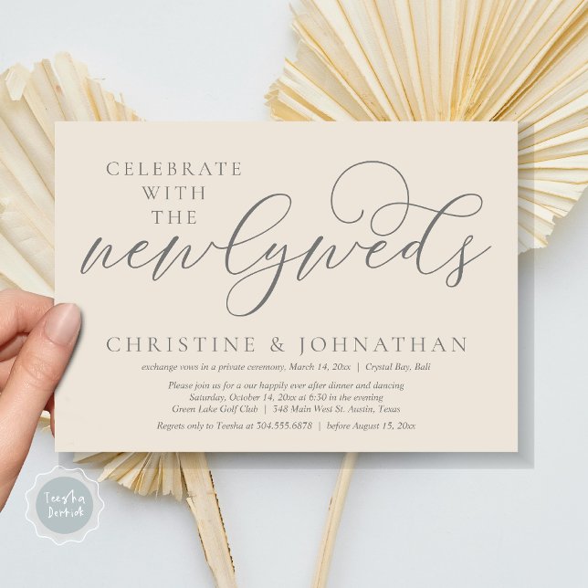 Invitation Célébrez avec les jeunes mariés, dîner Mariage (Celebrate with the newlyweds, Wedding Dinner Invitation Card, PDF, Modern Romantic in Cream Grey)
