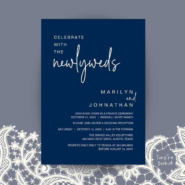 Invitation Célébrez avec les jeunes mariés, Réception de mari (Celebrate With The Newlyweds, Wedding Reception Dinner Invitation Card in Navy Blue)