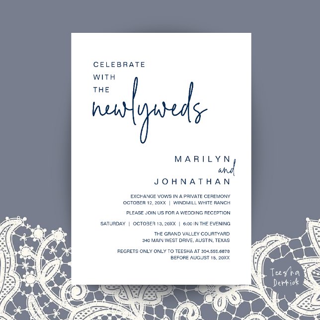 Invitation Célébrez avec les jeunes mariés, Réception de mari (Celebrate With The Newlyweds, Wedding Reception Dinner Invitation Card in Navy Blue)