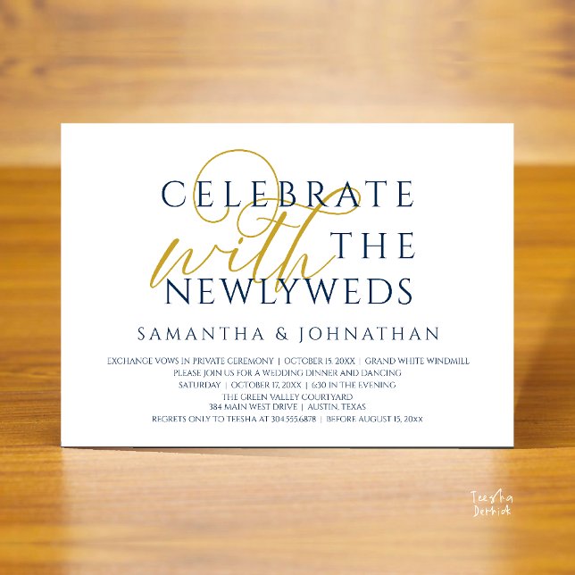 Invitation Célébrez avec les jeunes mariés Réception élégante (Celebrate with the Newlyweds Elegant Reception Invitation Card in Navy Blue Gold)