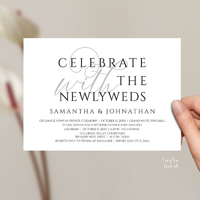 Invitation Célébrez avec les jeunes mariés Réception élégante (Celebrate with the Newlyweds Elegant Reception Invitation Card in Black White Grey)