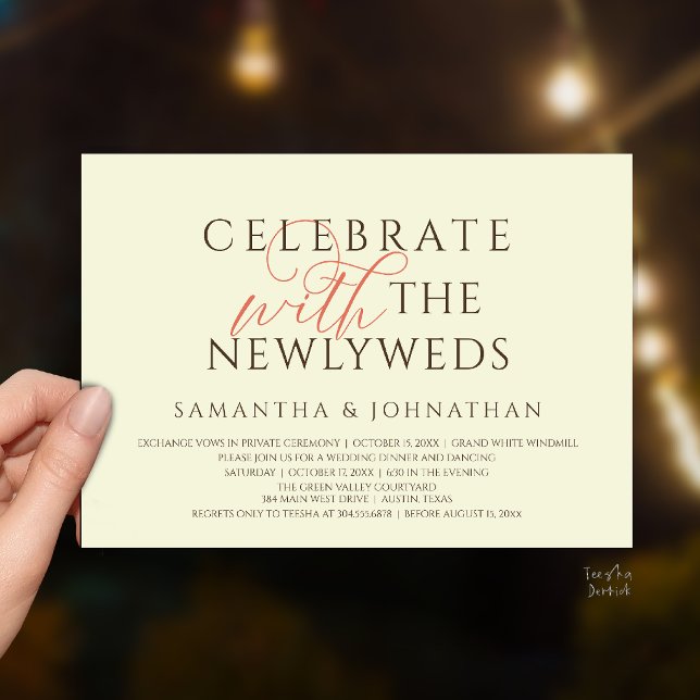 Invitation Célébrez avec les jeunes mariés Réception élégante (Celebrate with the Newlyweds Elegant Reception Dinner Dancing Invites Card in Terracotta Warm Brown)
