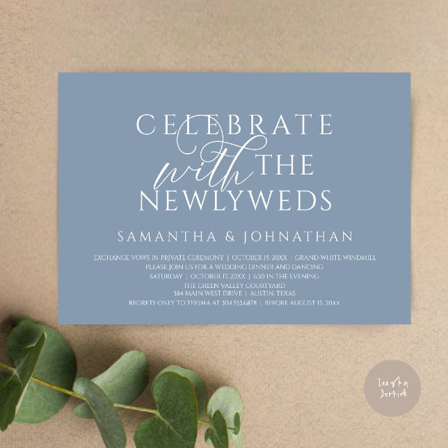 Invitation Célébrez avec les jeunes mariés Réception élégante (Celebrate with the Newlyweds Elegant Reception Dinner Dancing Invitation Card in Dusty Blue)