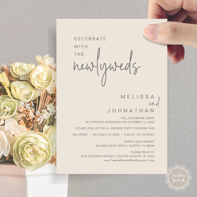 Invitation Célébrez Avec Les Nouveaux Mariés, Dîner Mariage (Celebrate with the newlyweds, Modern wedding elopement dinner invitation card, PDF, in cream grey)