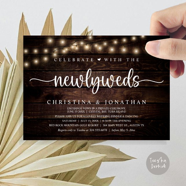 Invitation Célébrez Avec Les Nouveaux Mariés Le Dîner Rustiqu (Celebrate With The Newlyweds Rustic Wedding Dinner Invitation card, pdf, in cottage dark wood)
