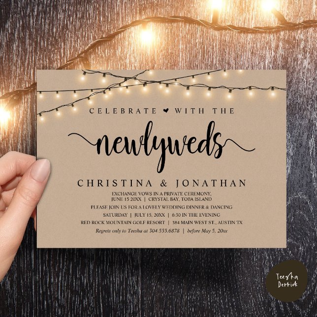 Invitation Célébrez Avec Les Nouveaux Mariés Le Dîner Rustiqu (Celebrate With The Newlyweds Rustic Wedding Dinner Invitation Card, PDF, String Lights Brown Kraft)