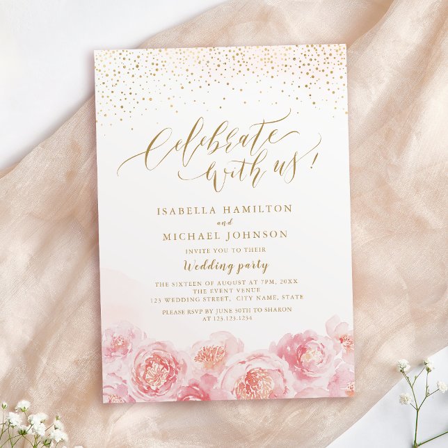 Invitation Célébrez avec nous! calligraphie or & floral roux (Celebrate With Us! calligraphy gold & blush floral Invitation)