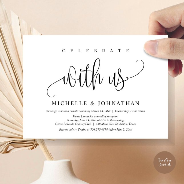Invitation Célébrez avec nous, Célébration de mariage en fuit (Celebrate with us, Modern Wedding Elopement Dinner Party Invitation Card, PDF, in black and white)