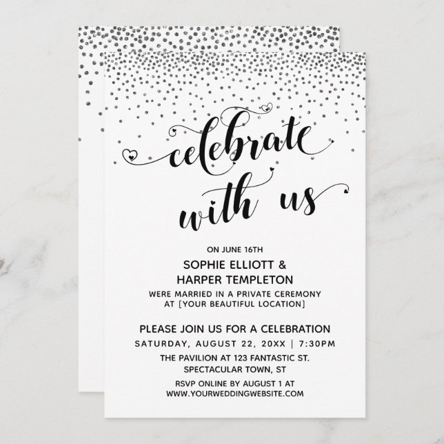 Invitation Célébrez avec Nous Cœurs Écriture Argent Confettis (Devant / Derrière)