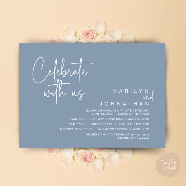 Invitation Célébrez avec nous, Dîner de Mariage Intime (Celebrate with us, Modern Wedding Elopement Dinner Lunch Brunch Party Invites Card PDF Dusty Blue)