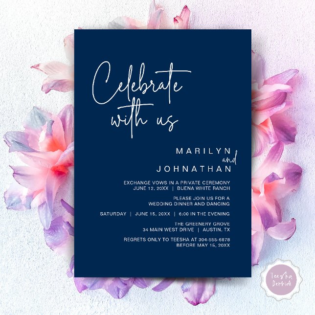 Invitation Célébrez avec nous, Dîner de Mariage Intime (Celebrate with us, Modern Wedding Elopement Dinner Lunch Brunch Party Invites Card PDF Navy Blue)