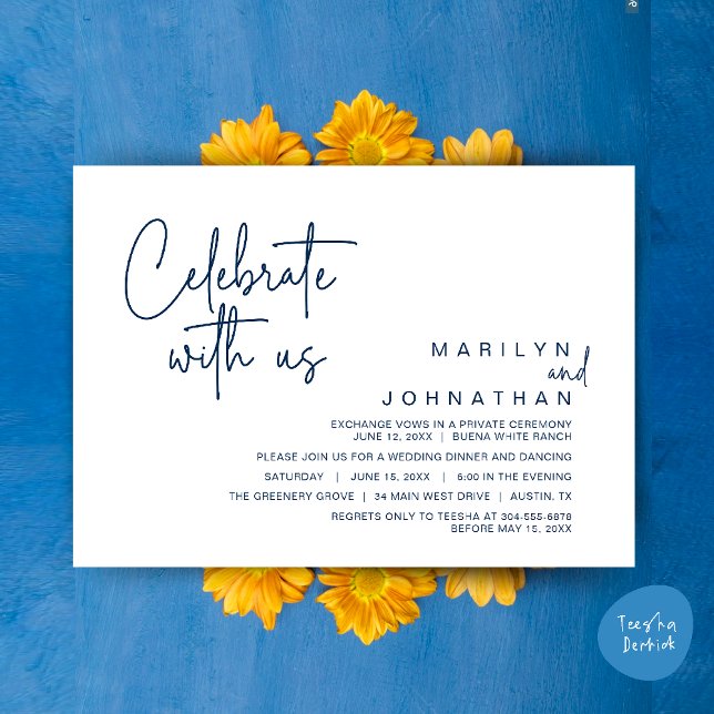 Invitation Célébrez avec nous, Dîner de Mariage Intime (Celebrate with us, Modern Wedding Elopement Dinner Lunch Brunch Party Invites Card PDF Navy Blue)