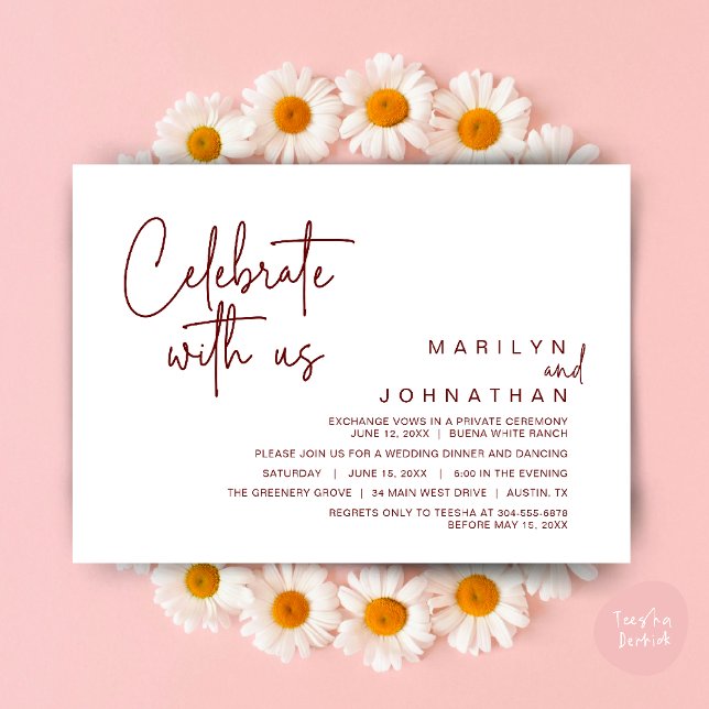 Invitation Célébrez avec nous, Dîner de Mariage Intime (Celebrate with us, Modern Wedding Elopement Dinner Lunch Brunch Party Invites Card PDF Burgundy Wine)